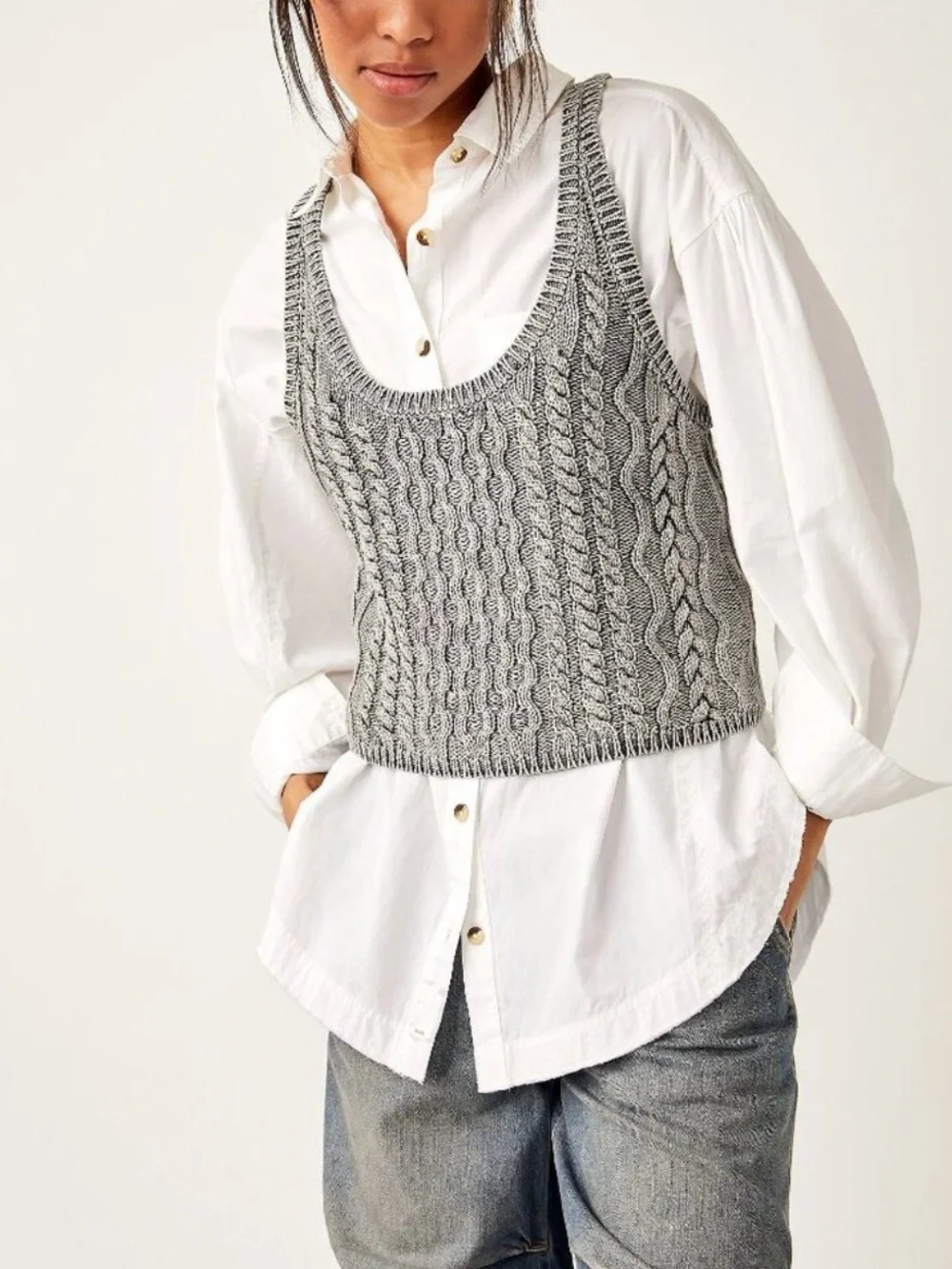 NWT Free People Cable Knit Sweater Tank Gray Cotton Scoop Neck Slouchy Top S
